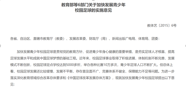 教育部等6部門關(guān)于加快<em>發(fā)展</em>青少年校園足球<em>的</em>實施意見
